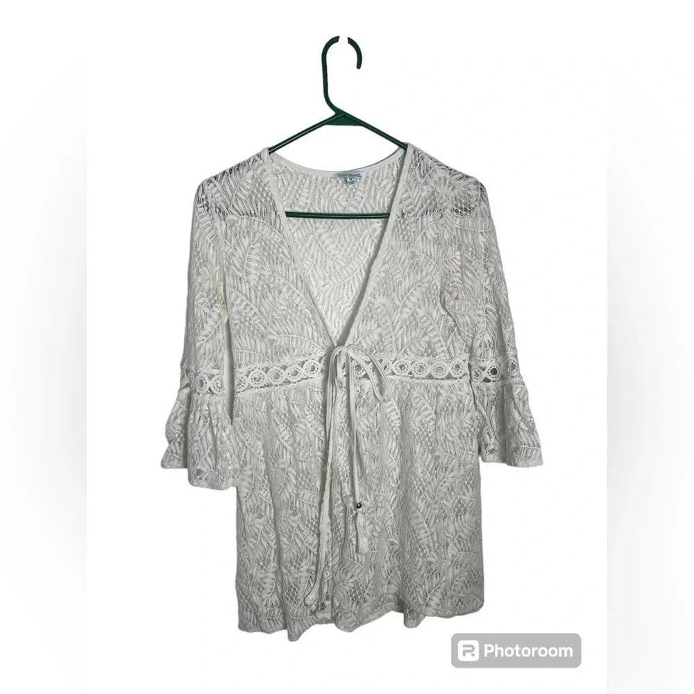 Blue Island White Crochet Style Coverup Bell Sleeve Women’s size Medium
